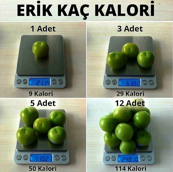 Yeşil erik ekşimsi şahane tadı ile sevilen bir meyvedir. 1 tanesi 9 kalori, 3 tanesi 29 kalori, 5 tanesi 50 kalori, 12 tanesi 114 kalori.